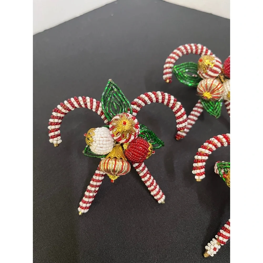 Vintage Christmas Beaded Candy Cane Napkin Rings Set of 6 Red White Green Holly